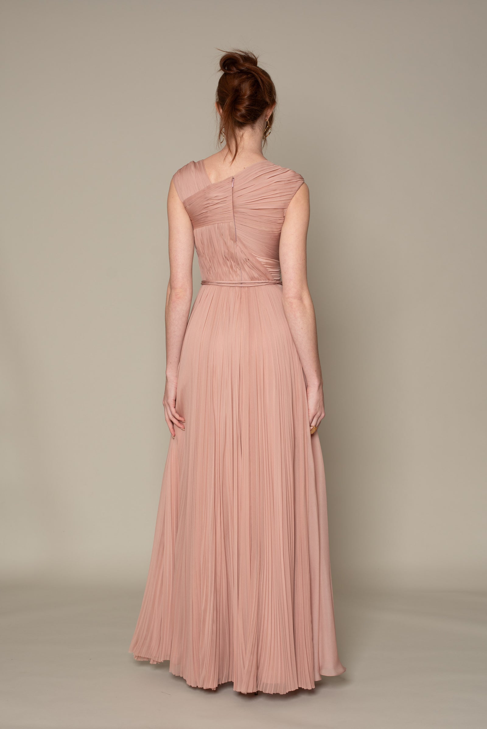 ASYMMETRICAL HAND PLEATING SILK CHIFFON GOWN