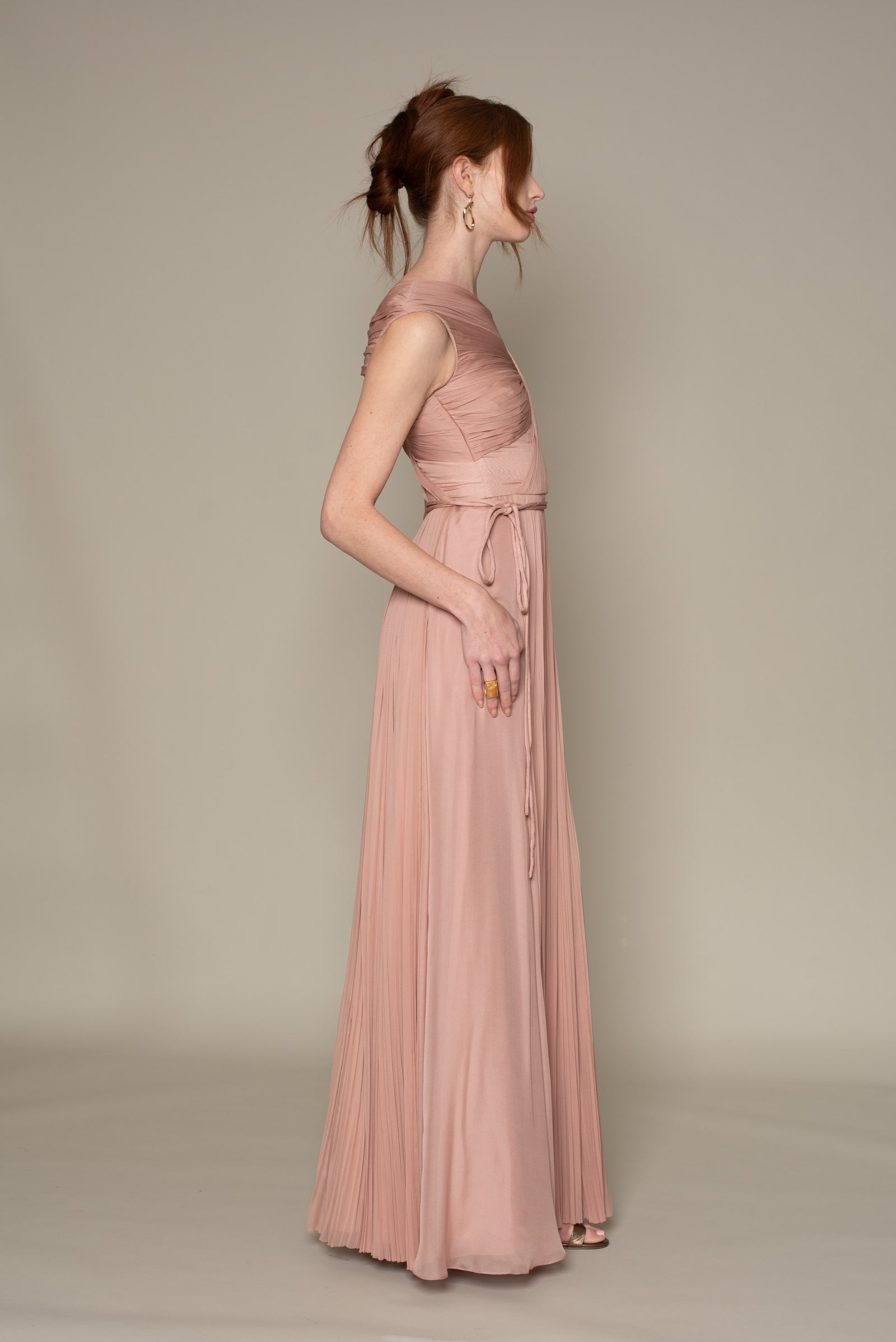 ASYMMETRICAL HAND PLEATING SILK CHIFFON GOWN