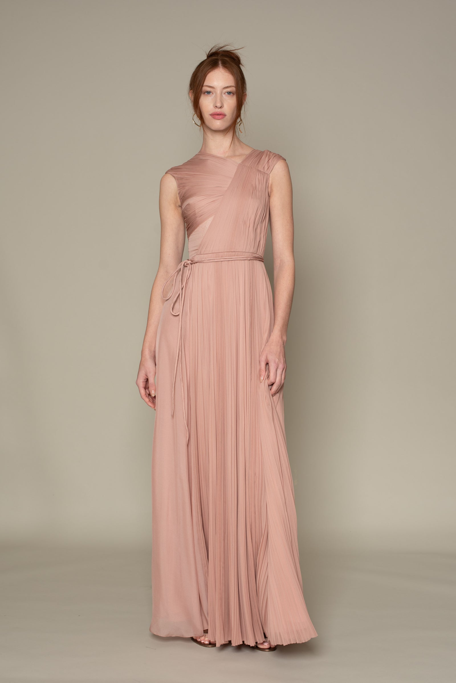 ASYMMETRICAL HAND PLEATING SILK CHIFFON GOWN