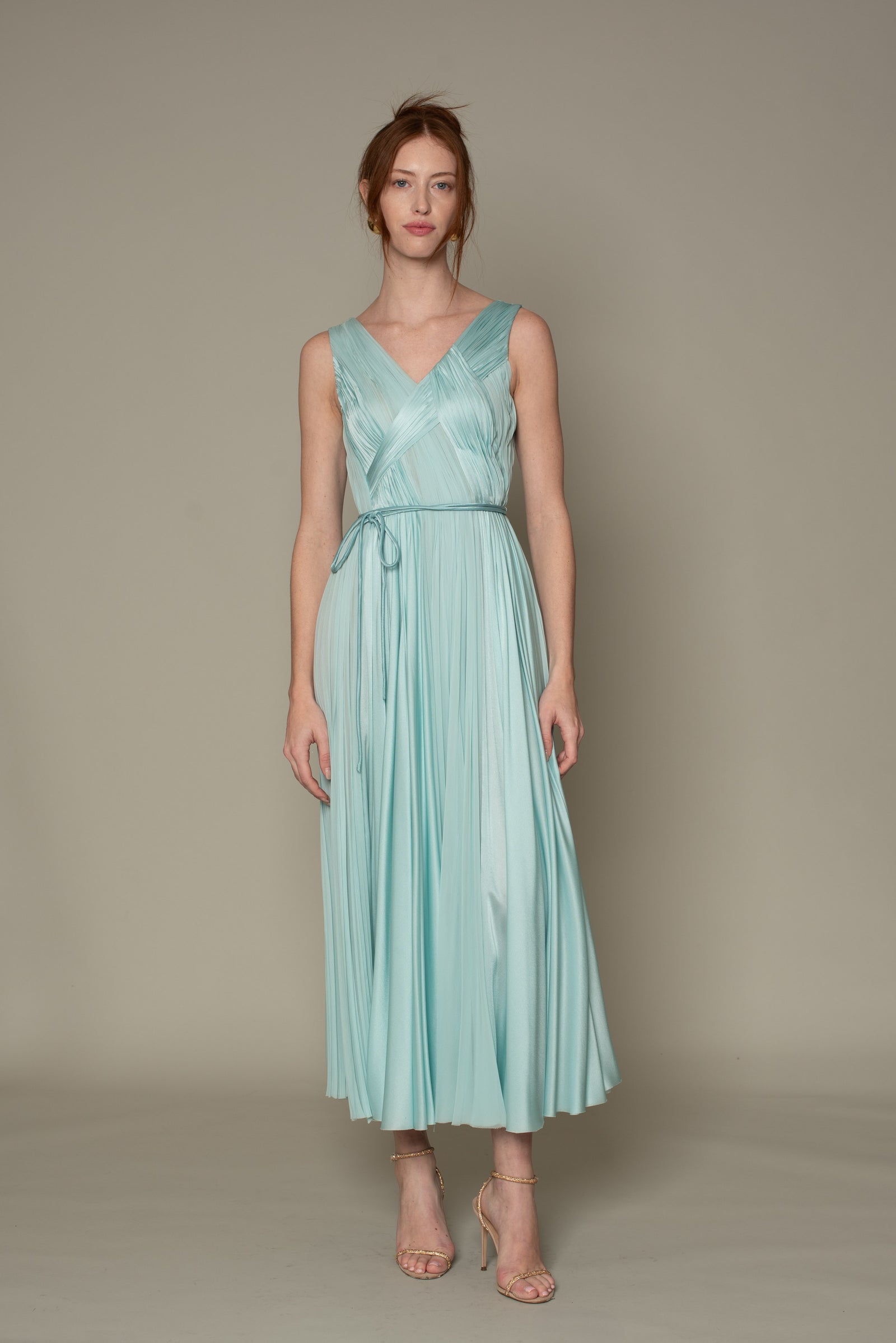 V NECK SLEEVELESS SILK SATIN CHIFFON HAND PLEATING COCKTAIL DRESS