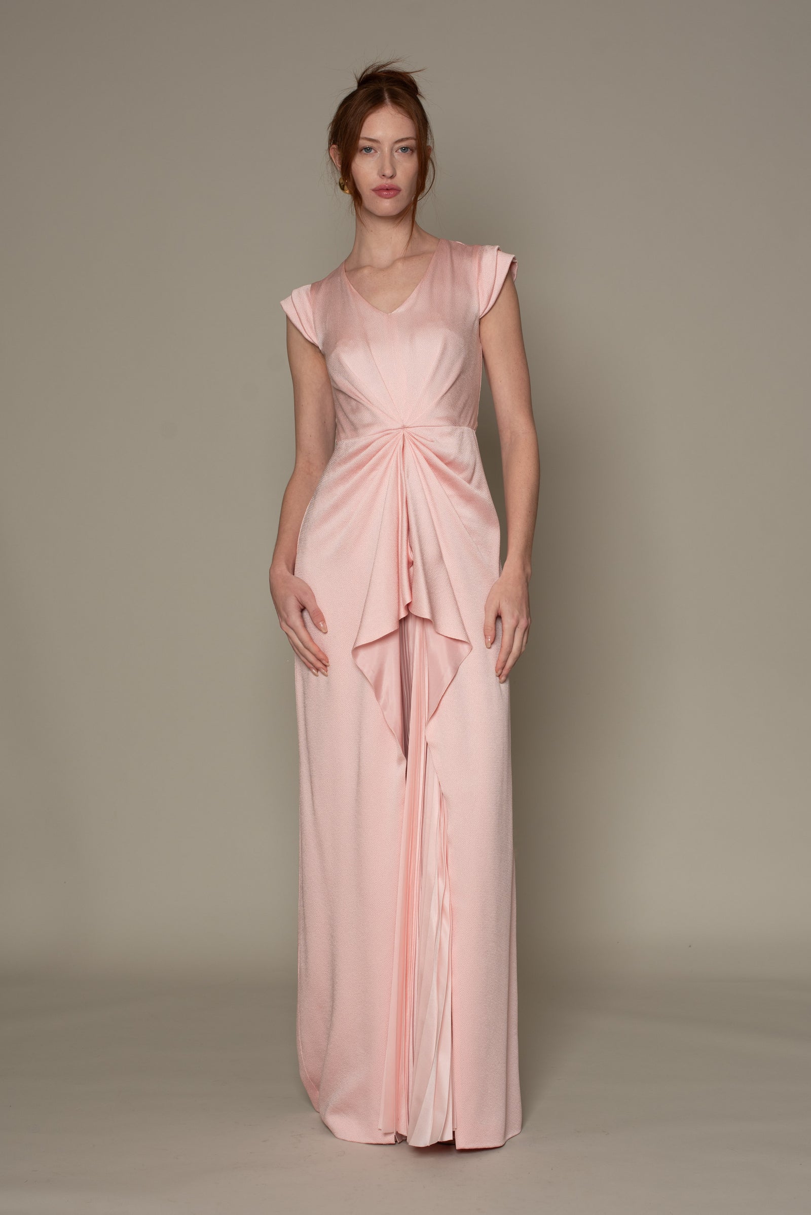 V NECK SLEEVELESS SILK CREPE FRONT DRAPING PLEATING GOWN