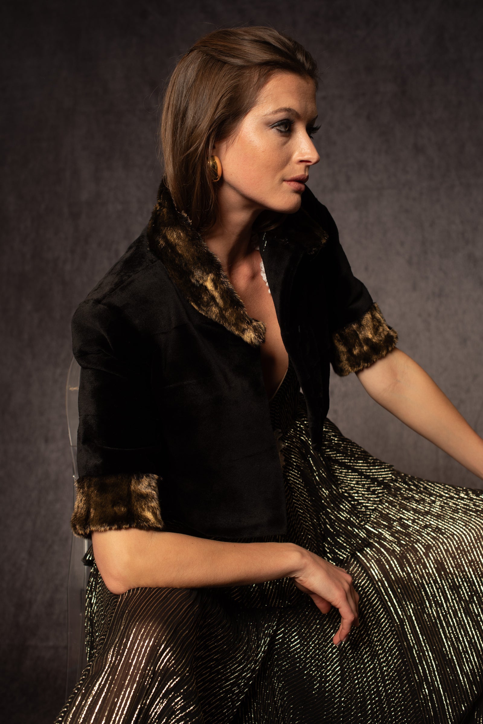 DYED Black SHEARED MINK W/ 24K GOLD ERMINE BOLERO L DYED Black SHEARED MINK W/ 24K GOLD ERMINE BOLERO L
