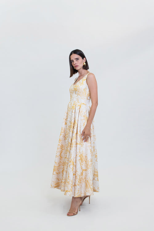 PINEAPPLE SLICE YELLOW MULTI YELLOW ABSTRACT JACQARD CREW NECK SLEEEVELESS DAY DRESS