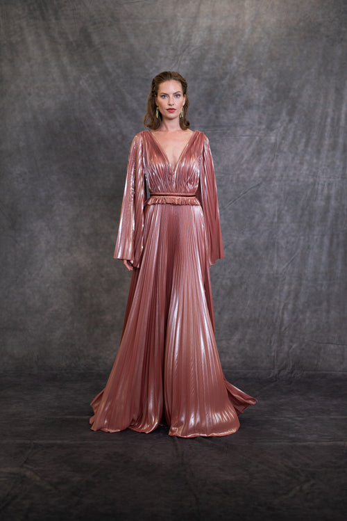 LONG SLEEVES V NECK METALLIC CHIFFON PLEATING GOWN