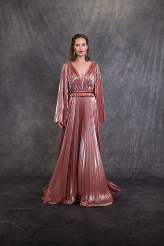 V NECK SLEEVELESS SILK CREPE FRONT DRAPING PLEATING GOWN