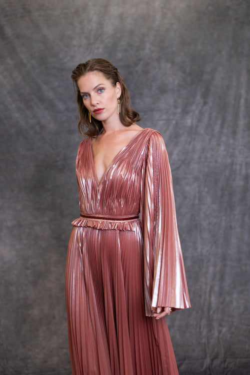 LONG SLEEVES V NECK METALLIC CHIFFON PLEATING GOWN