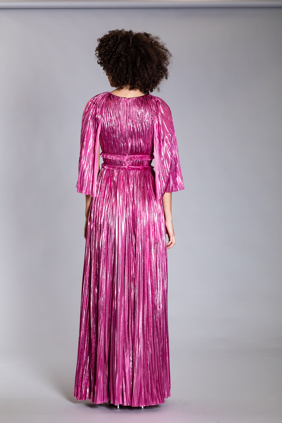 PRISM PINK V-NECK MID SLEEVES LAME HAND PLEATED GOWN