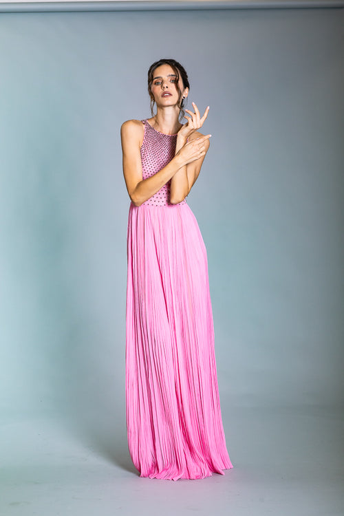 PRISM PINK SLEEVELESS EMBOIRDERY PLEATED GOWN