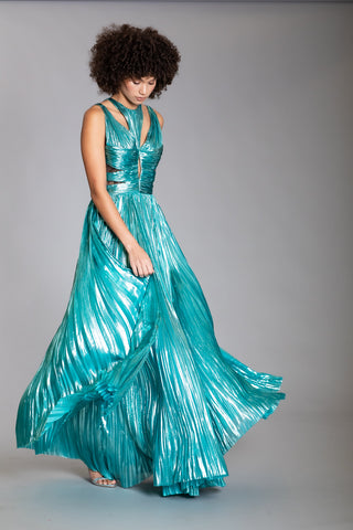 PINK & BLUE  AND BLUE STRAPLESS HAND PLEATED CHIFFON COCKTAIL DRESS