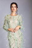 FOAM GREEN LONG SLEEVES LACE WITH HAND EMBROIDERY FEATHERS GOWN