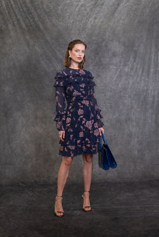 DUSTY ROSE LONG SLEEVES CREW NECK FRENCH ROSE WITH RUFFLES DAY DRESS