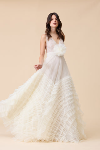 PEACH BELL SLEEVES LACE GOWN