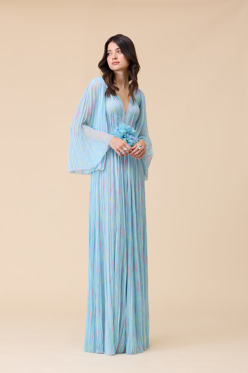 SKY BLUE LONG SLEEVES FLOWER PRINTED CHIFFON V NECK GOWN