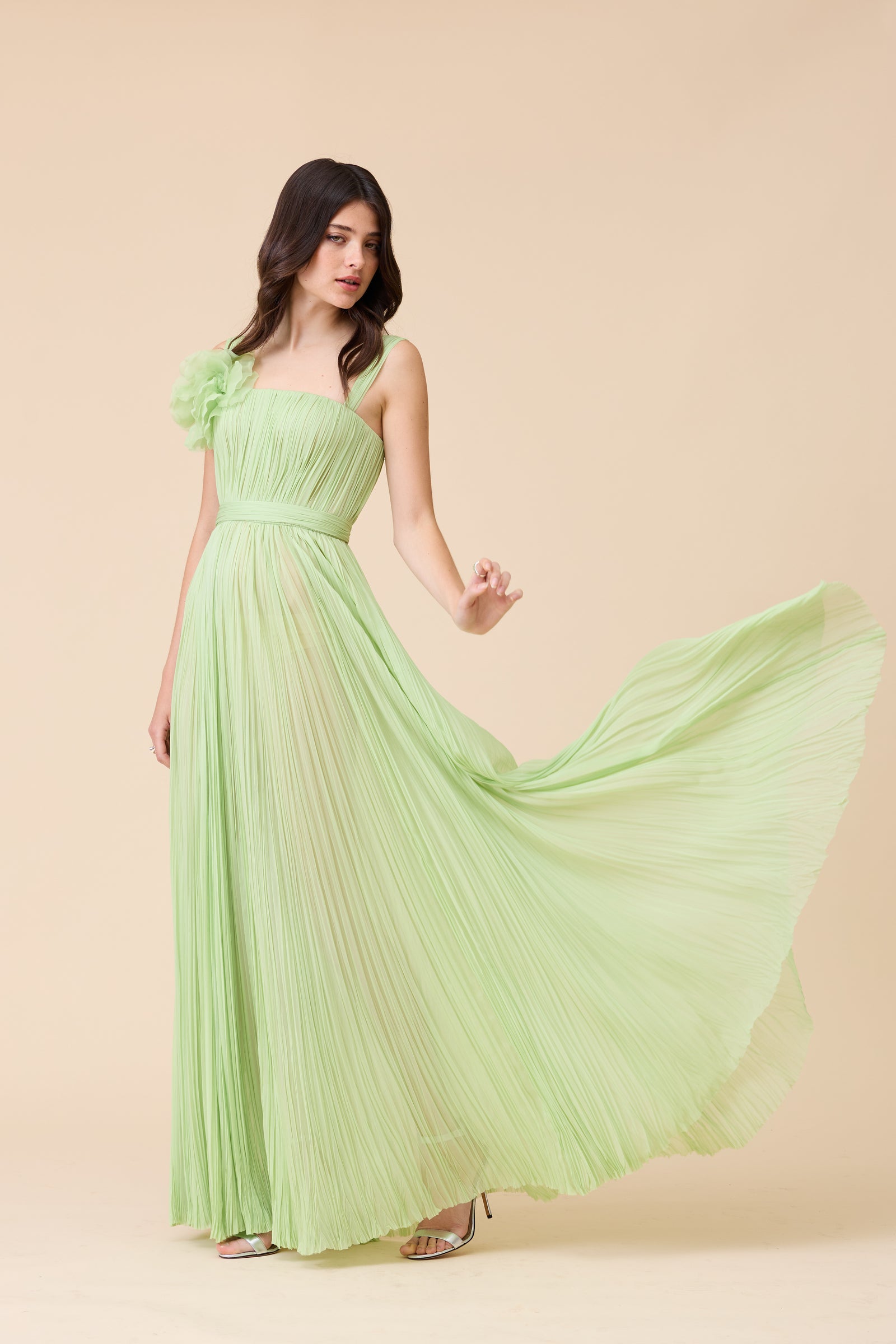 LIME STRAPLESS HAND PLEATED CHIFFON GOWN