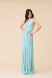 TURQUOISE V NECK ONE SHOULDER HAND PLEATED GOWN