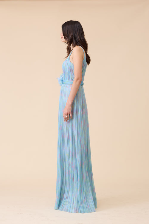 BLUE SCOOP NECK PRINTED ORGANZA HAND PLEATED GOWN