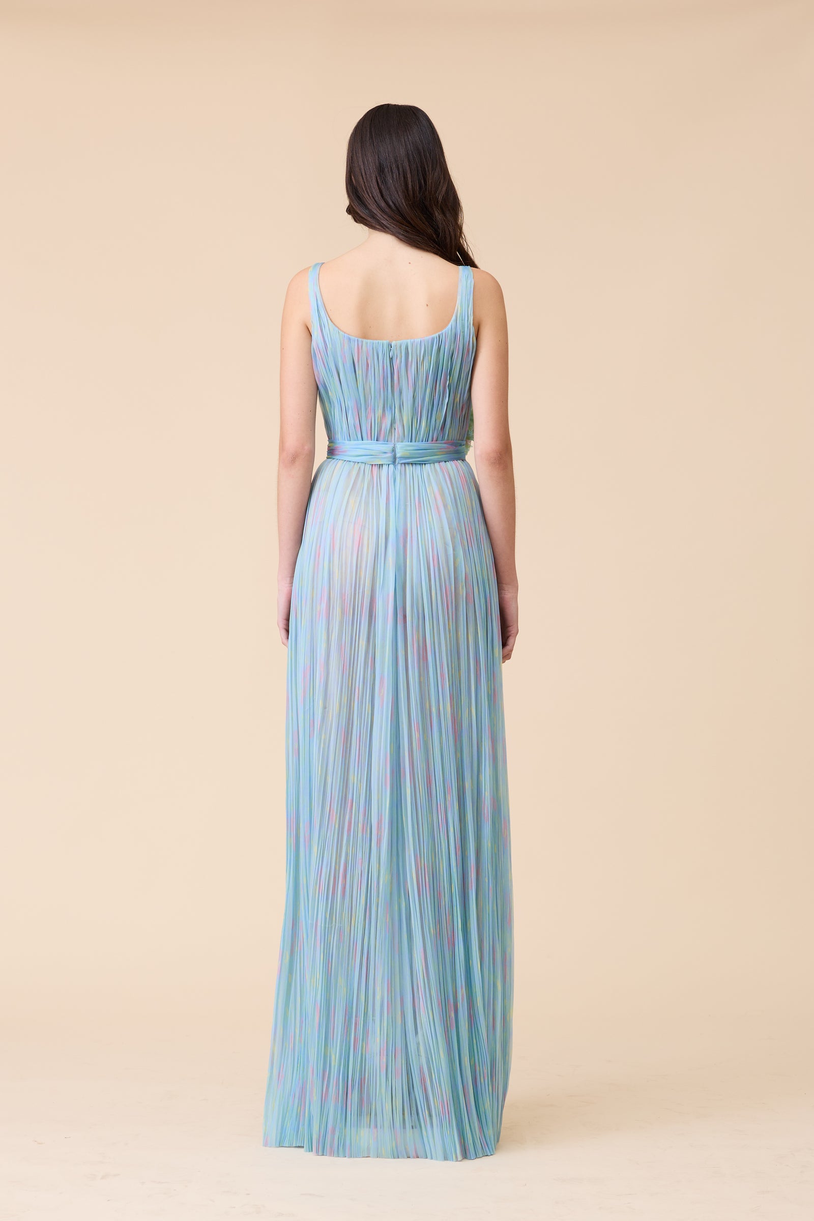 BLUE SCOOP NECK PRINTED ORGANZA HAND PLEATED GOWN