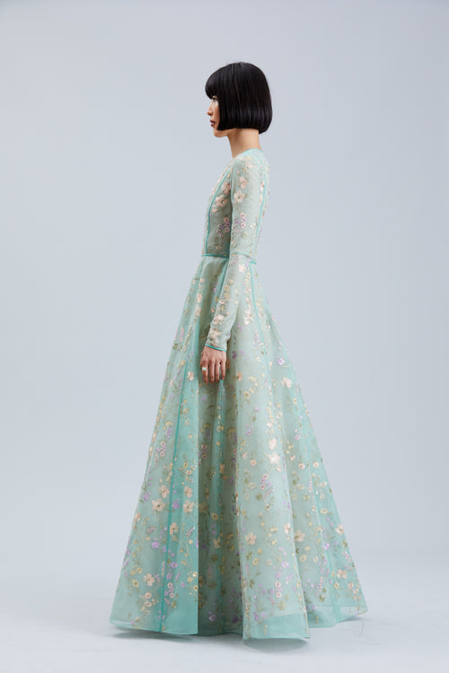 MULTI EMBROIDERED LACE LONG SLEEVES GOWN