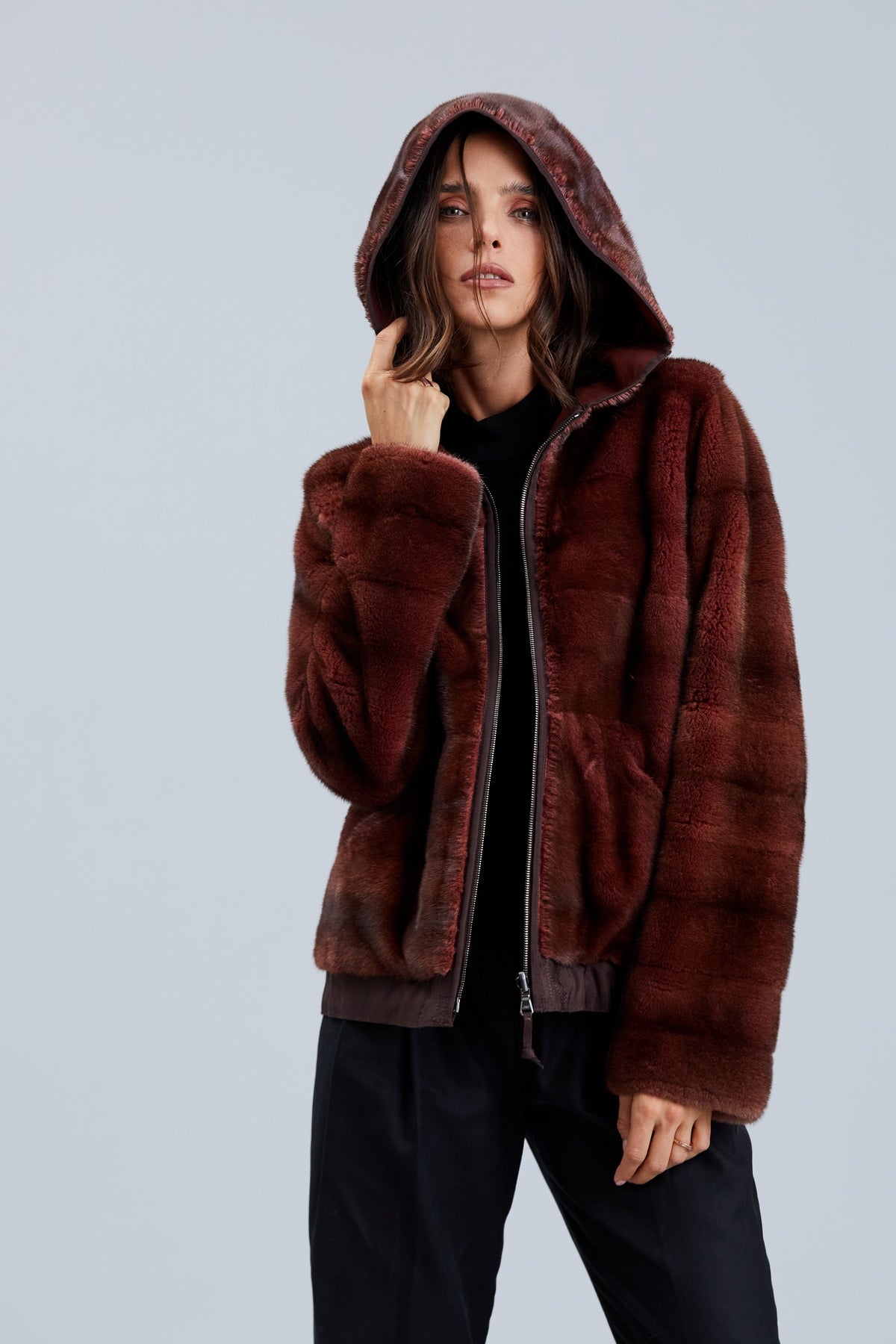 DYED BURGUNDY NUBUCK MINK REVERSIBLE HOODED JACKET