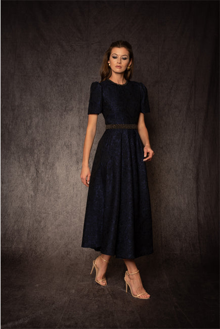 NAVY SHORT SLEEVES SILK JACQUARD A LINE DRESS