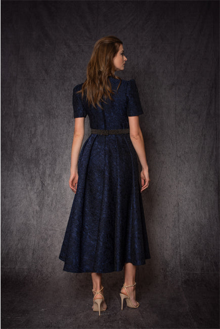 NAVY SHORT SLEEVES SILK JACQUARD A LINE DRESS