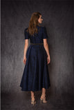 NAVY SHORT SLEEVES SILK JACQUARD A LINE DRESS
