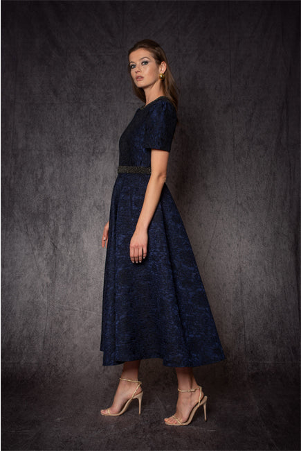 NAVY SHORT SLEEVES SILK JACQUARD A LINE DRESS