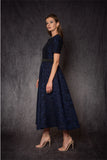 NAVY SHORT SLEEVES SILK JACQUARD A LINE DRESS
