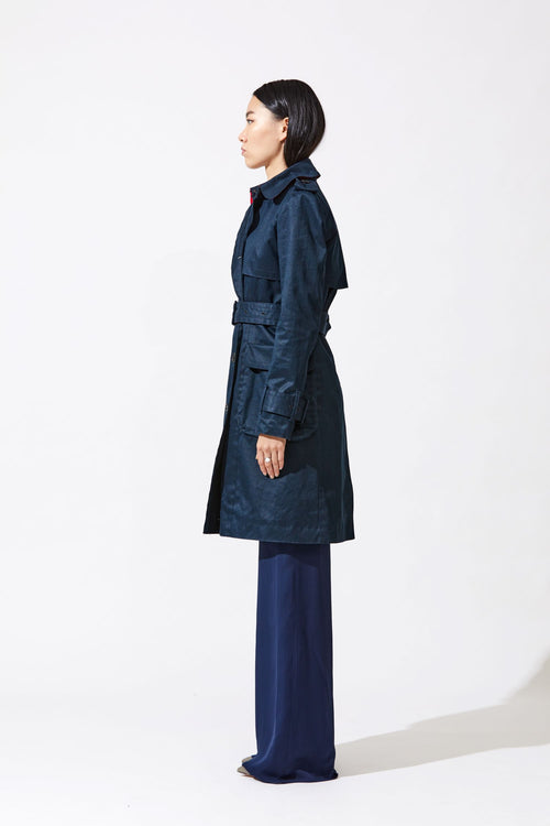 Dyed Midnight Blue Trench Coat with Cherry-Red Sheared Mink Detachable Liner