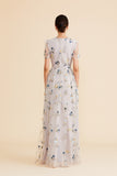 V NECK SHORT SLEEVE FLOWER APPLIQUE GOWN