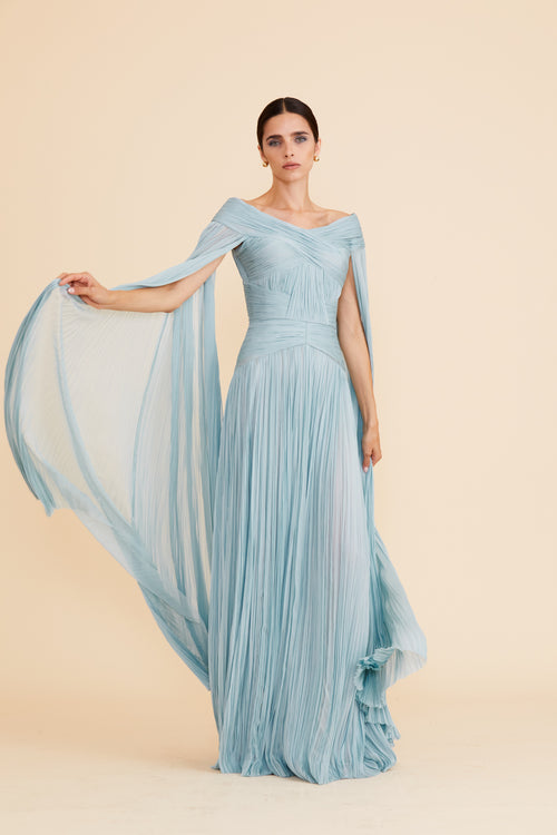 CADET BLUE HAND PLEATED GOWN