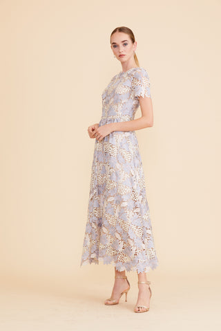 TWO-TONED SILK HAND PLEATING SHORT SLEEVES WITH FLORAL APPLIQUE COCKTAIL DRESS