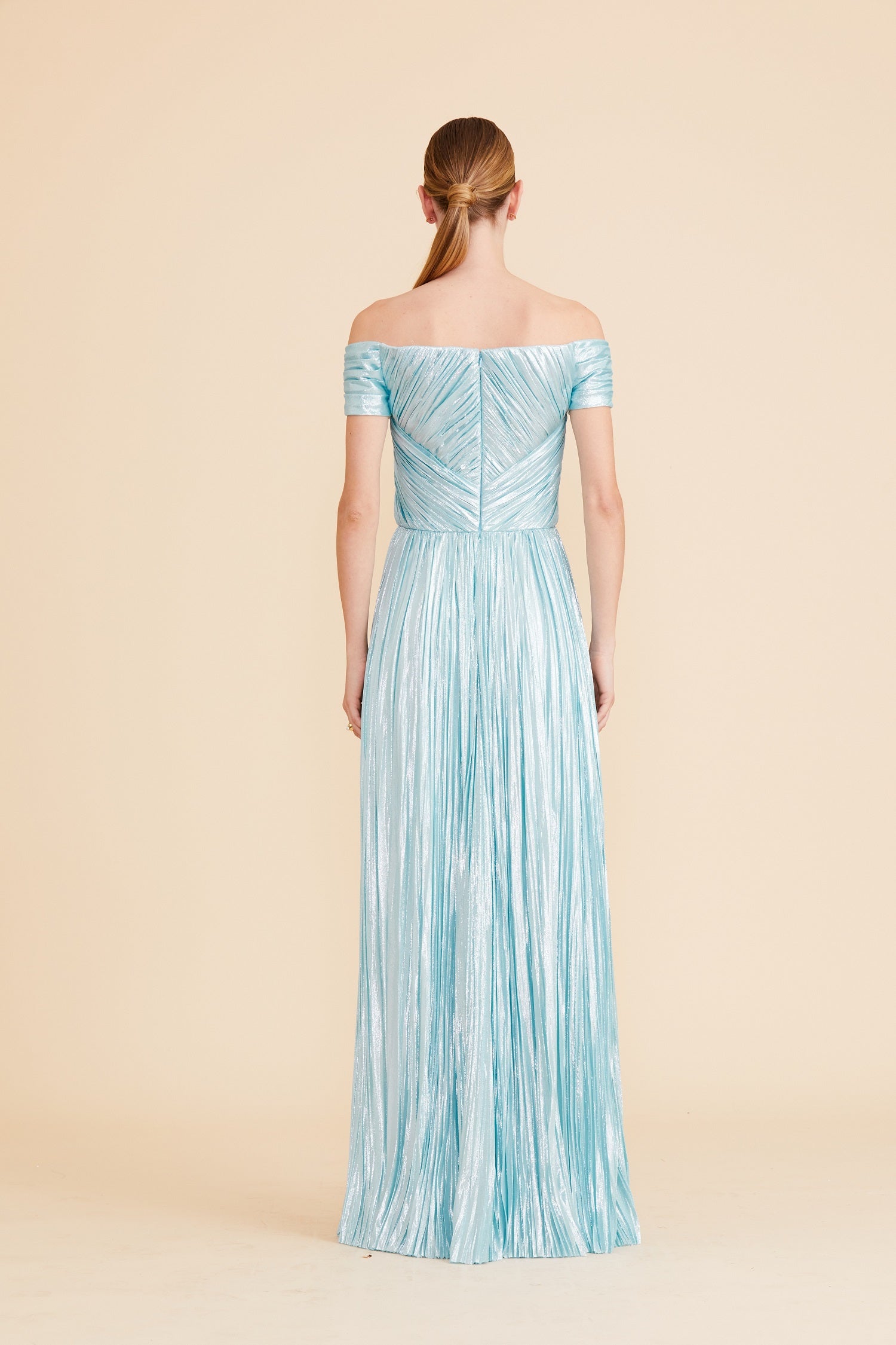 PALE TURQUOISE OFF SHOULDER V NECK PLEATED SILK GOWN