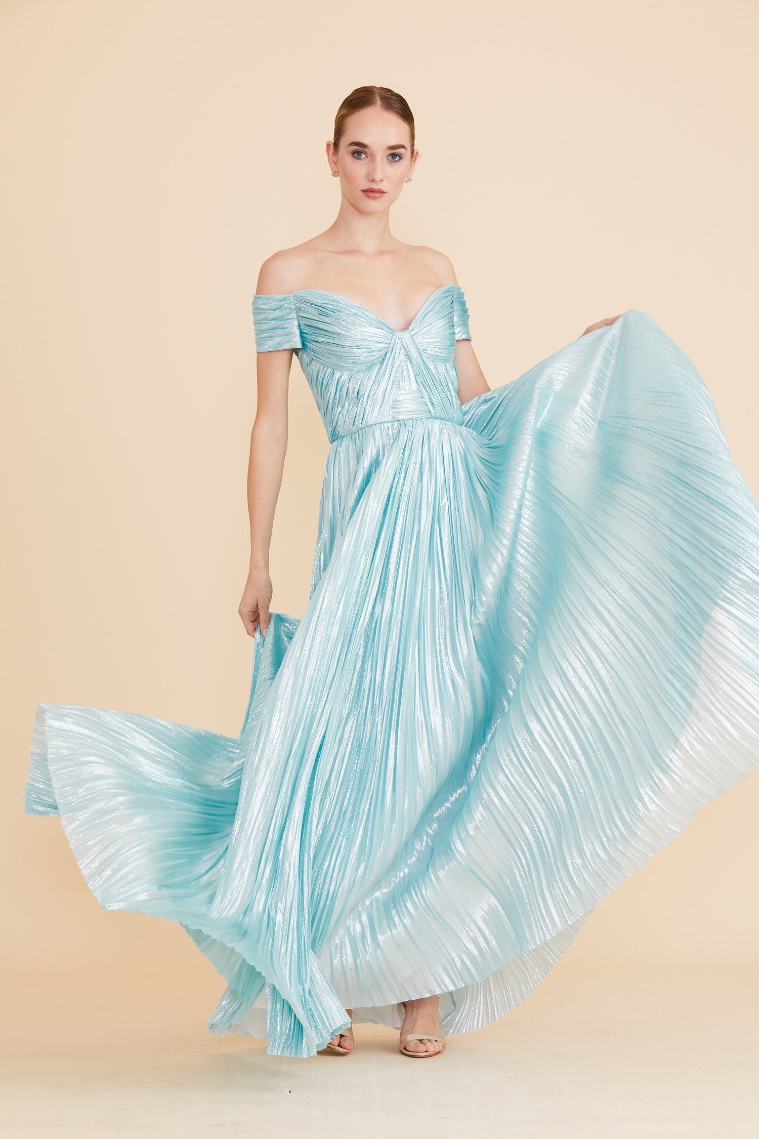 PALE TURQUOISE OFF SHOULDER V NECK PLEATED SILK GOWN