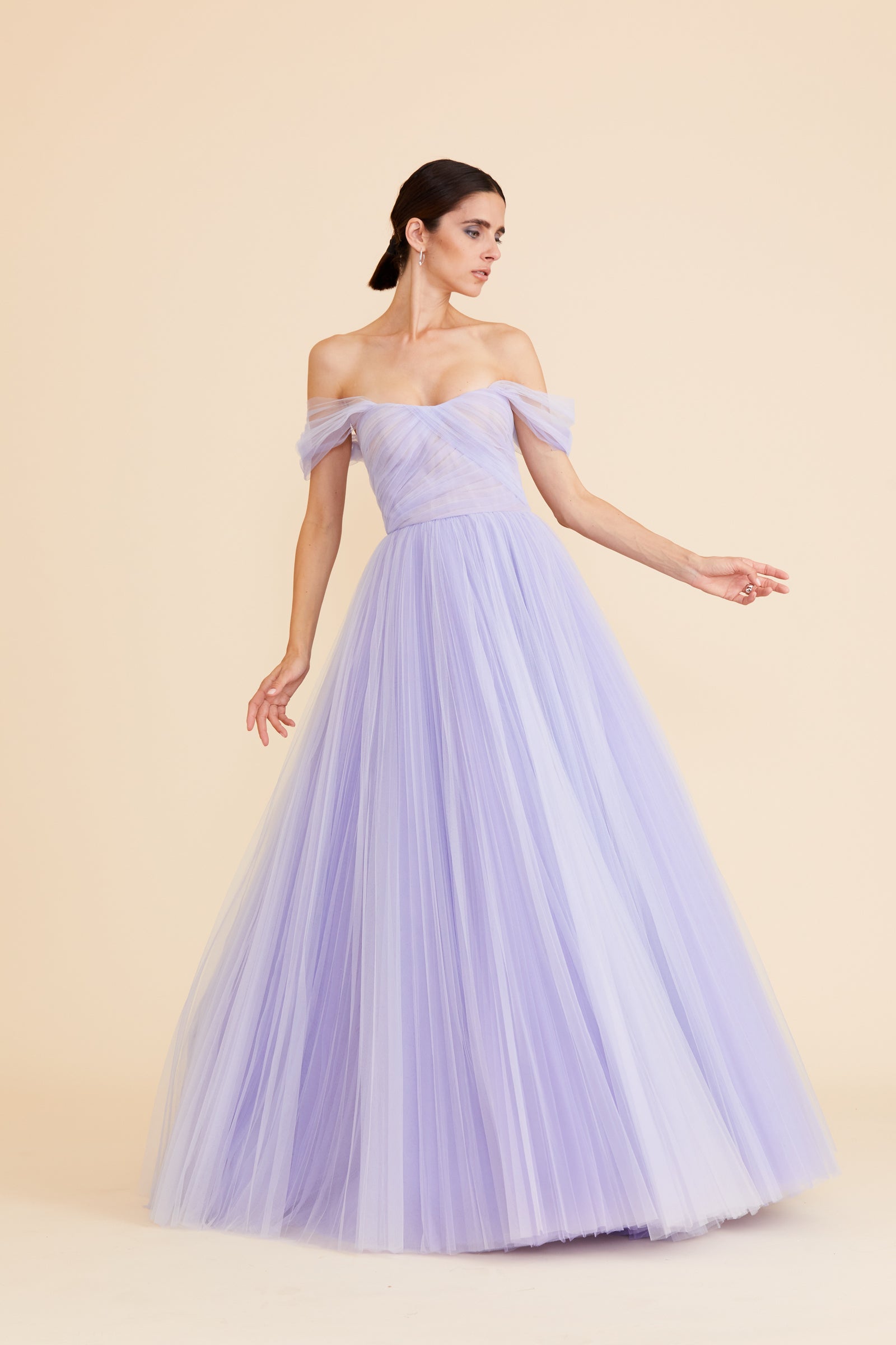 LILAC OMBRE CRISS CROSS PLEATING BUSTIER BALL GOWN