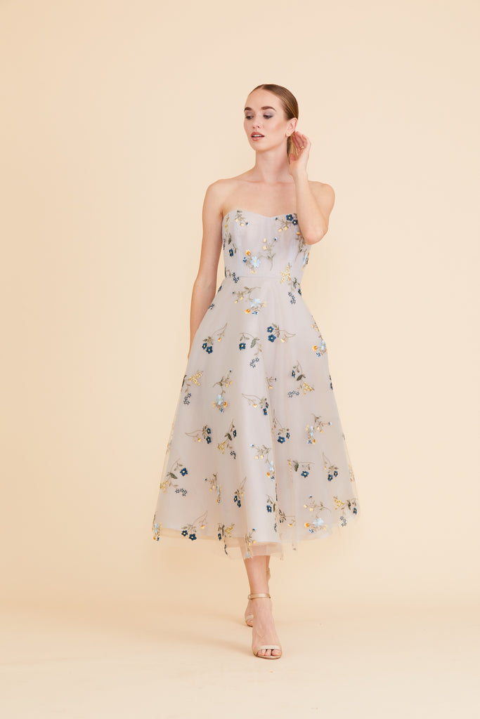 Embroidered Strapless Tea Length Dress