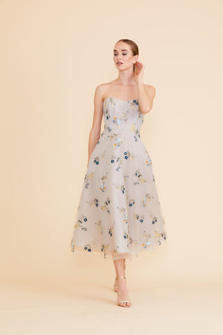 TWO-TONED SILK HAND PLEATING SHORT SLEEVES WITH FLORAL APPLIQUE COCKTAIL DRESS