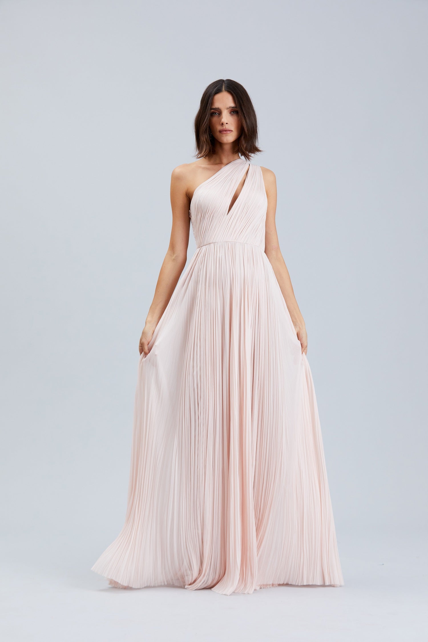 FROSTY PINK ONE SHOULDER HAND PLEATING GOWN