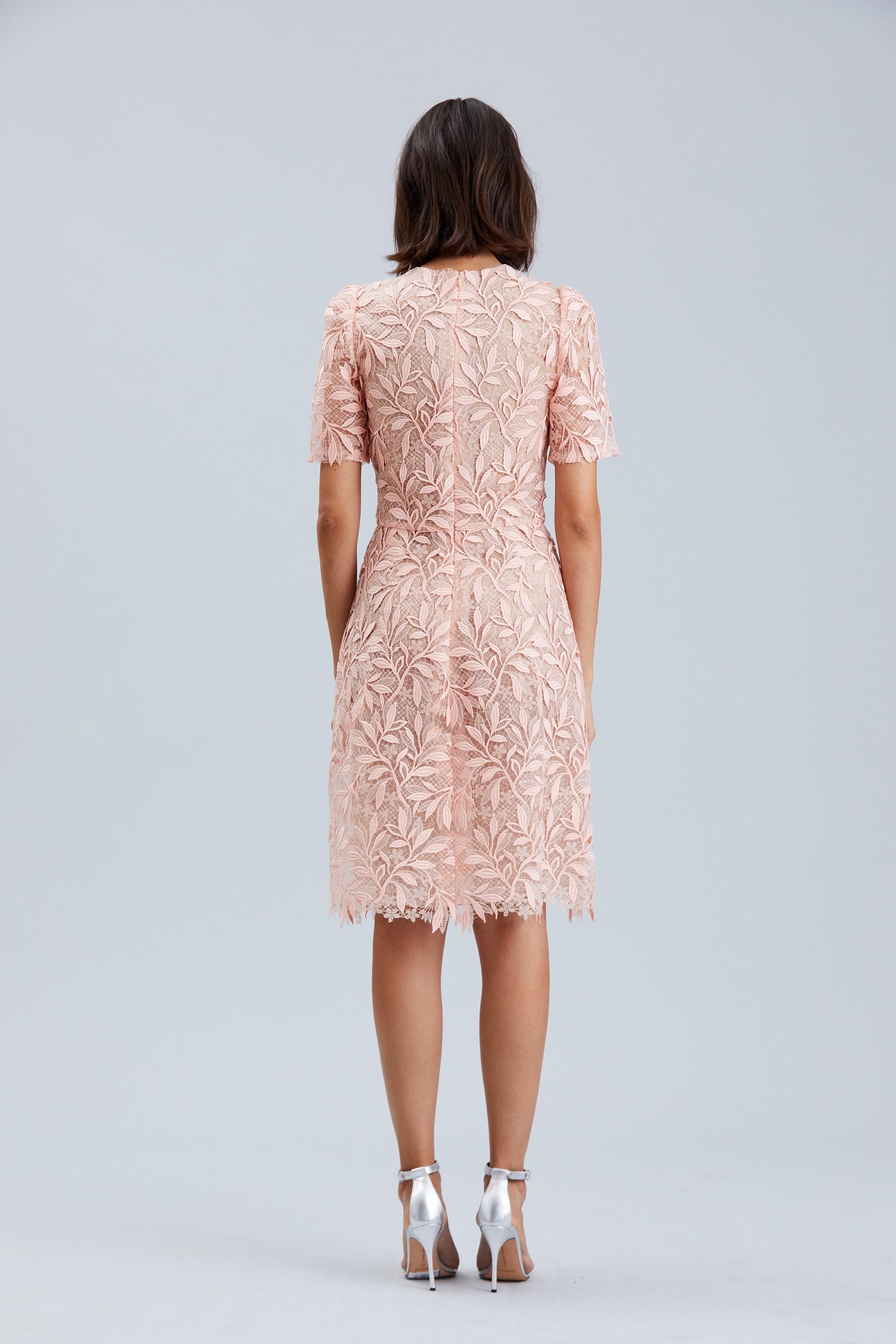 PEACH LACE SHORT SLEEVES DAY DRESS
