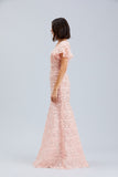 PEACH BELL SLEEVES LACE GOWN