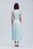 TWO-TONED SILK HAND PLEATING SHORT SLEEVES WITH FLORAL APPLIQUE COCKTAIL DRESS
